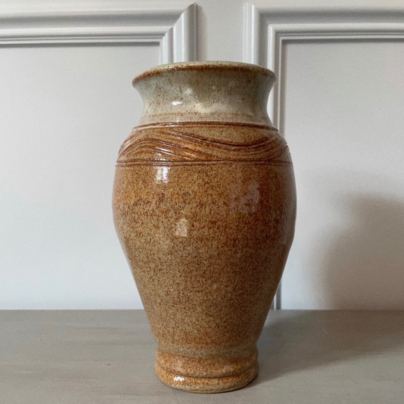 SOLD Hand Thrown Studio Pottery Earth Tone Glaze Vase with Cut Design - Picture 2 of 4